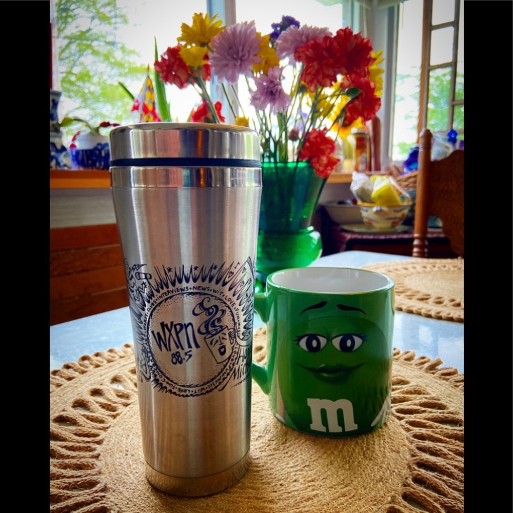 WXPN travel mug with green m&m large mug